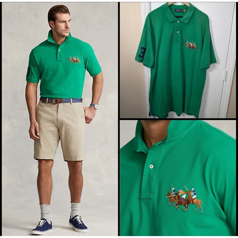 Men's Ralph Lauren Triple Pony Cotton Polo Sz 2X Big & Tall Preppy Green Logo
